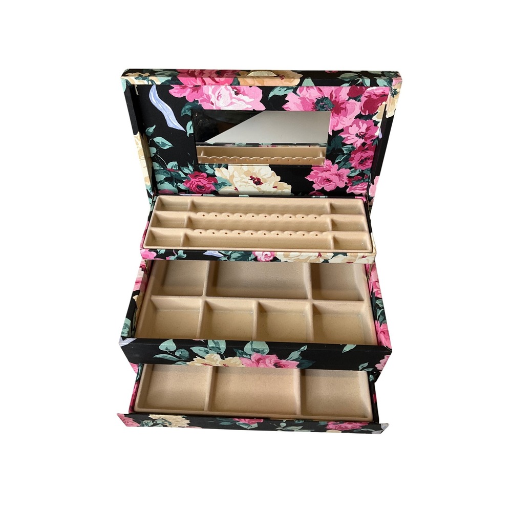 Vintage Fabric Covered Floral Jewelry Box Multi-Tier Pop Up Trays Cottagecore